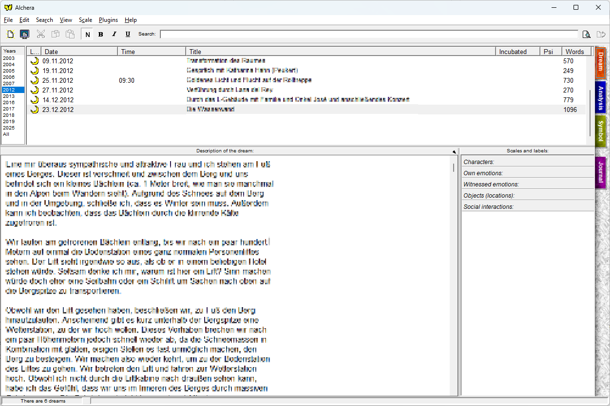 Screenshot of the dream archive software Alchera from Mythwell